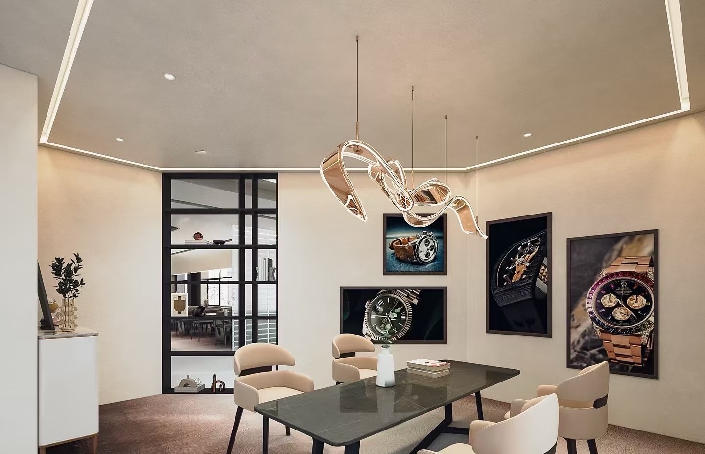 The TIMEREBRON meeting room — conversation framed by large-format watch photography